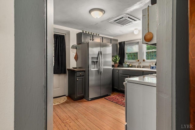 1920 Roxbury St, Lynchburg, VA 24501 - kitchen featuring stainless steel fridge, light wood finished floors, and gray cabinets