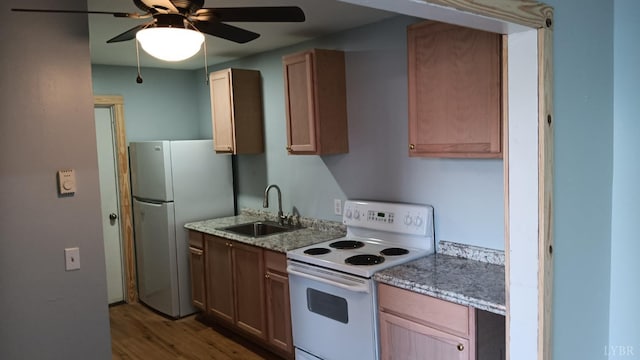 801 Henry St, Gretna, VA 24557 - kitchen featuring white appliances, a sink, wood finished floors, ceiling fan, and light stone countertops