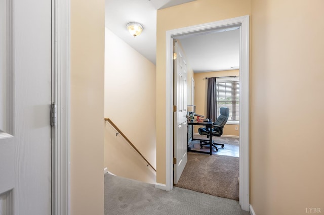 1810 Broadway St Unit 211, Lynchburg, VA 24501 - hallway featuring an upstairs landing, carpet floors, baseboards, and an office area