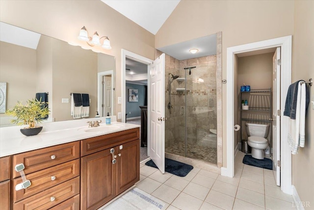 101 Trinity Ct, Lynchburg, VA 24502 - full bathroom with a stall shower, lofted ceiling, tile patterned flooring, toilet, and vanity