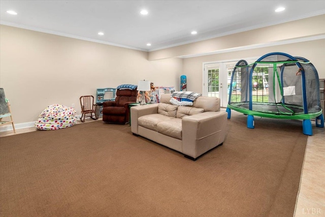 101 Trinity Ct, Lynchburg, VA 24502 - carpeted living room with crown molding, recessed lighting, and french doors