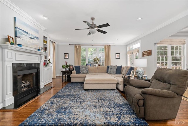 101 Trinity Ct, Lynchburg, VA 24502 - living area featuring a ceiling fan, crown molding, dark wood-style flooring, a fireplace with raised hearth, and recessed lighting