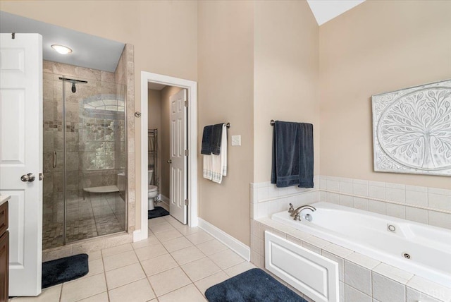 101 Trinity Ct, Lynchburg, VA 24502 - bathroom featuring a shower stall, baseboards, tile patterned floors, a bath, and a towering ceiling