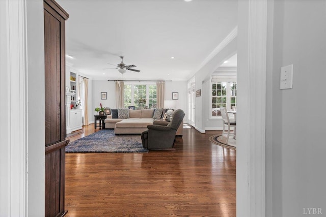 101 Trinity Ct, Lynchburg, VA 24502 - living area with ornamental molding, a ceiling fan, dark wood-type flooring, recessed lighting, and baseboards