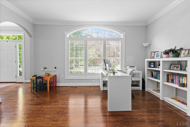 101 Trinity Ct, Lynchburg, VA 24502 - office featuring arched walkways, ornamental molding, healthy amount of natural light, dark wood-style floors, and baseboards