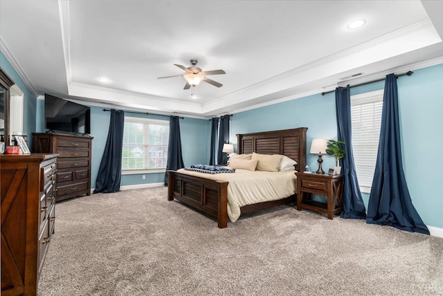 101 Trinity Ct, Lynchburg, VA 24502 - carpeted bedroom with a raised ceiling, ornamental molding, baseboards, a ceiling fan, and recessed lighting