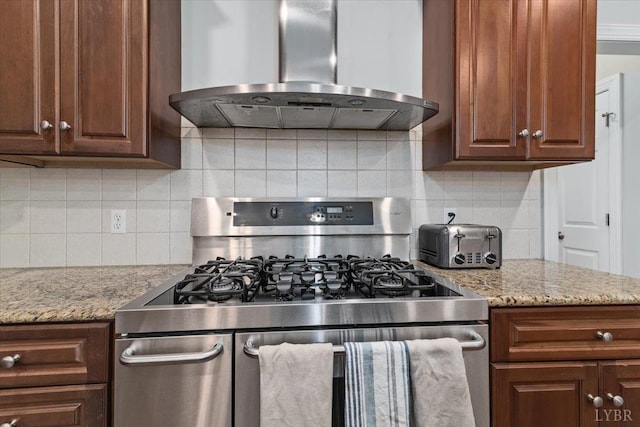 101 Trinity Ct, Lynchburg, VA 24502 - kitchen with stainless steel range with gas cooktop, island range hood, backsplash, and light stone counters