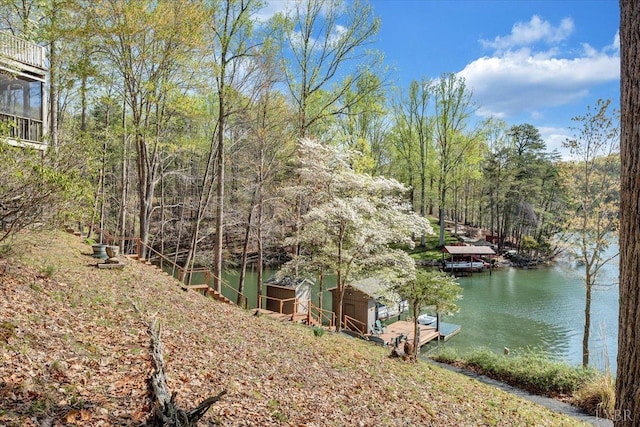 806 Cedar Key Ln, Huddleston, VA 24104 - view of yard featuring a water view, a dock, and a wooded view