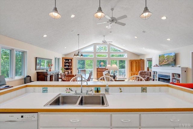 806 Cedar Key Ln, Huddleston, VA 24104 - kitchen featuring ceiling fan, light countertops, white dishwasher, vaulted ceiling, and white cabinetry