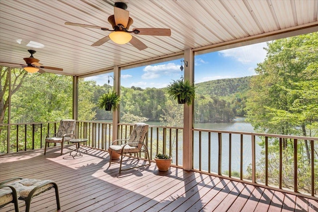 806 Cedar Key Ln, Huddleston, VA 24104 - wooden deck featuring a ceiling fan and a water view