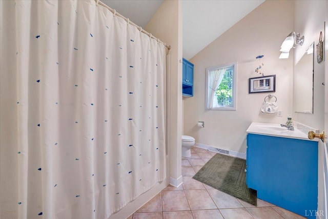 806 Cedar Key Ln, Huddleston, VA 24104 - bathroom featuring tile patterned floors, vanity, vaulted ceiling, and a shower with curtain