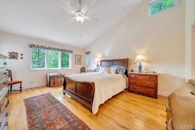 806 Cedar Key Ln, Huddleston, VA 24104 - bedroom featuring multiple windows, high vaulted ceiling, light wood finished floors, and a ceiling fan