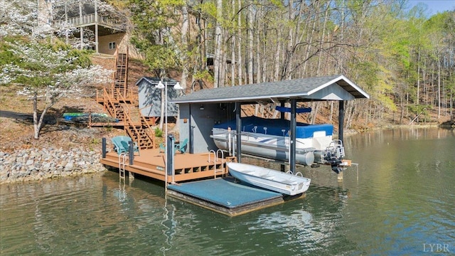 806 Cedar Key Ln, Huddleston, VA 24104 - dock featuring boat lift, stairway, and a water view