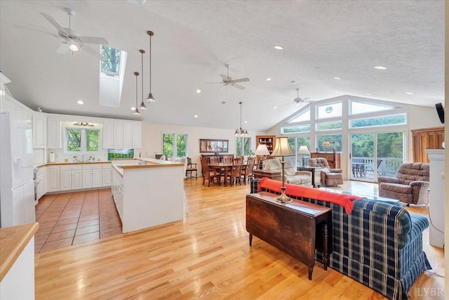 806 Cedar Key Ln, Huddleston, VA 24104 - living room featuring ceiling fan, healthy amount of natural light, light wood-style flooring, high vaulted ceiling, and a textured ceiling