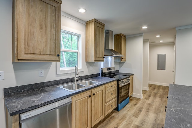 895 Union Hill Rd, Amherst, VA 24522 - kitchen featuring appliances with stainless steel finishes, wall chimney exhaust hood, a sink, light wood-style floors, and electric panel