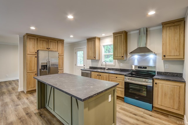 895 Union Hill Rd, Amherst, VA 24522 - kitchen with stainless steel appliances, wall chimney exhaust hood, crown molding, a sink, and a center island