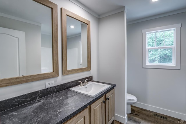 895 Union Hill Rd, Amherst, VA 24522 - bathroom with wood finished floors, vanity, toilet, baseboards, and recessed lighting