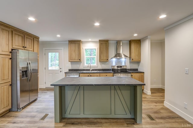 895 Union Hill Rd, Amherst, VA 24522 - kitchen with stainless steel appliances, wall chimney range hood, a sink, baseboards, and a kitchen island