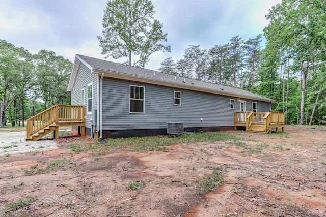 895 Union Hill Rd, Amherst, VA 24522 - rear view of property featuring central AC unit, crawl space, a wooden deck, and stairway