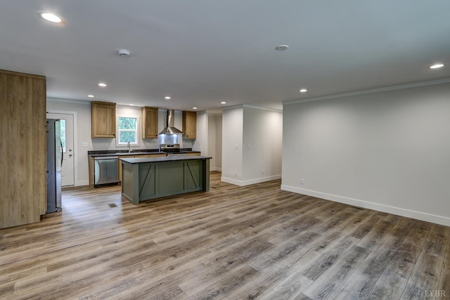 895 Union Hill Rd, Amherst, VA 24522 - kitchen featuring wall chimney range hood, ornamental molding, appliances with stainless steel finishes, a center island, and recessed lighting