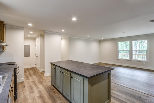 895 Union Hill Rd, Amherst, VA 24522 - kitchen with a center island, electric panel, light wood-style flooring, recessed lighting, and crown molding