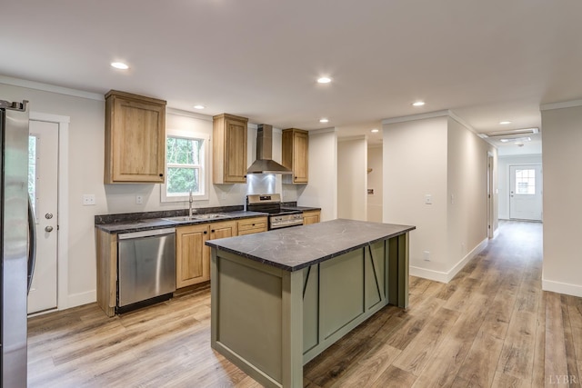 895 Union Hill Rd, Amherst, VA 24522 - kitchen featuring wall chimney exhaust hood, stainless steel appliances, a sink, plenty of natural light, and ornamental molding