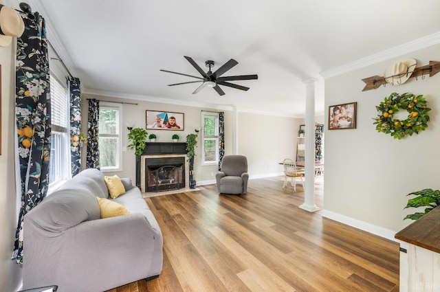 135 Warner Rd, Lynchburg, VA 24504 - living area with ornate columns, ceiling fan, light wood-style floors, baseboards, and ornamental molding