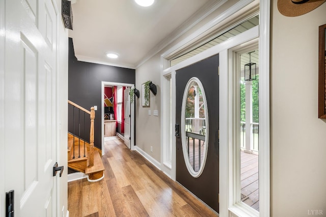 135 Warner Rd, Lynchburg, VA 24504 - entryway with ornamental molding, light wood-type flooring, stairway, and baseboards