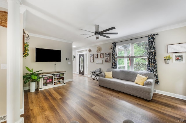 135 Warner Rd, Lynchburg, VA 24504 - living area featuring ornamental molding, ceiling fan, wood finished floors, baseboards, and decorative columns