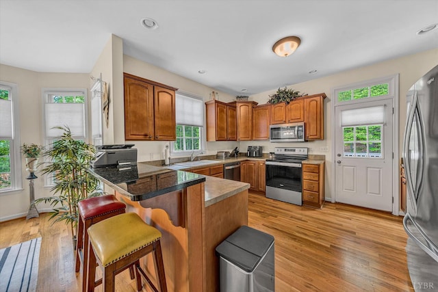 1309 W Pine Ridge Rd, Huddleston, VA 24014 - kitchen with appliances with stainless steel finishes, a peninsula, a kitchen bar, a sink, and light wood-style flooring