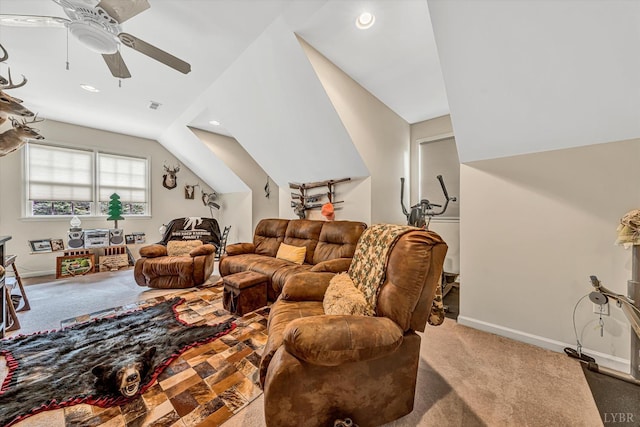 1309 W Pine Ridge Rd, Huddleston, VA 24014 - living area featuring carpet flooring, a ceiling fan, recessed lighting, baseboards, and lofted ceiling