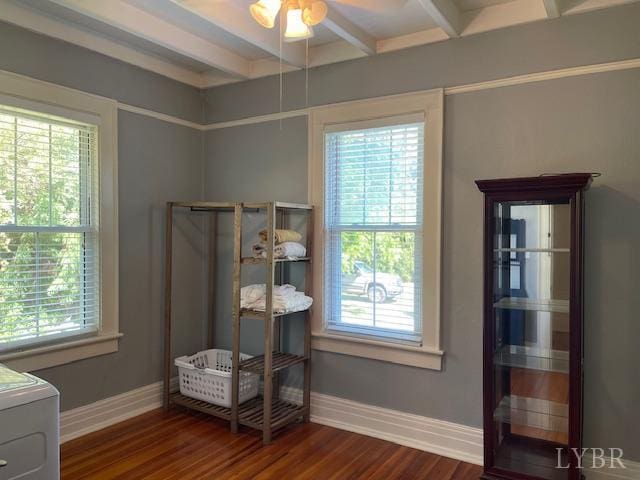 202 Leftwich St, Gretna, VA 24557 - bedroom featuring beamed ceiling, dark wood finished floors, and multiple windows