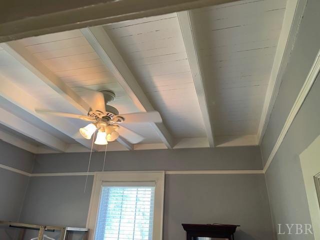 202 Leftwich St, Gretna, VA 24557 - detailed view of beamed ceiling and a ceiling fan