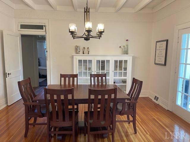 202 Leftwich St, Gretna, VA 24557 - dining room featuring a chandelier, wood finished floors, and beamed ceiling