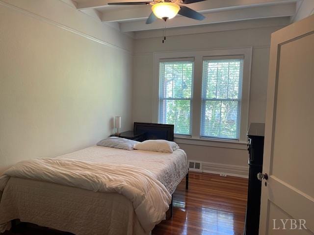 202 Leftwich St, Gretna, VA 24557 - bedroom with beam ceiling, wood finished floors, and ceiling fan