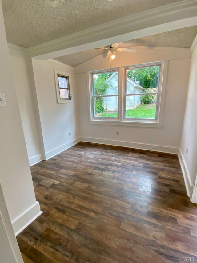 802 Erskine Ave, Lynchburg, VA 24501 - unfurnished room with a textured ceiling, lofted ceiling, dark wood-style flooring, a ceiling fan, and baseboards