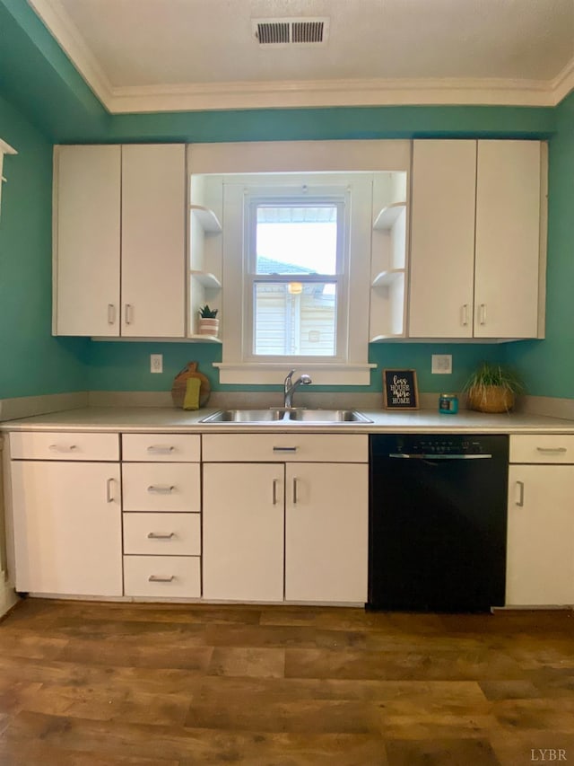 802 Erskine Ave, Lynchburg, VA 24501 - kitchen featuring dishwasher, open shelves, a sink, ornamental molding, and white cabinets