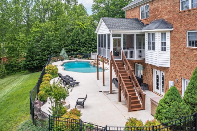 3374 Goode Station Rd, Goode, VA 24556 - view of swimming pool with a sunroom, a patio area, stairs, and french doors