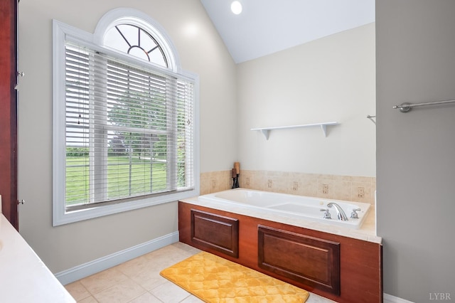 3374 Goode Station Rd, Goode, VA 24556 - full bathroom with a garden tub, lofted ceiling, baseboards, and tile patterned flooring