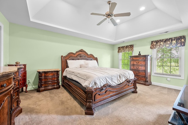 3374 Goode Station Rd, Goode, VA 24556 - bedroom featuring a tray ceiling, carpet floors, baseboards, a ceiling fan, and recessed lighting