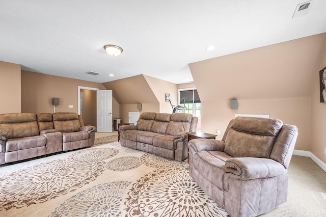 3374 Goode Station Rd, Goode, VA 24556 - living area featuring light carpet, vaulted ceiling, baseboards, and recessed lighting