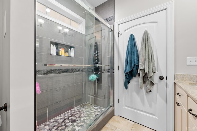 314 Cooper Way, Evington, VA 24550 - bathroom with a shower stall, vanity, and tile patterned flooring