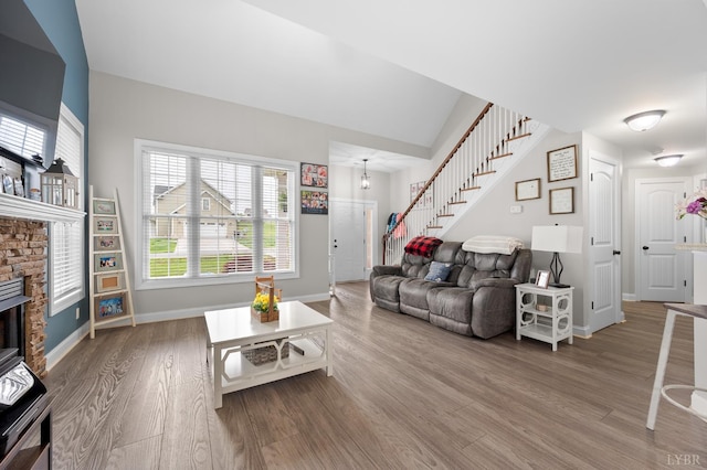 314 Cooper Way, Evington, VA 24550 - living area with stairs, wood finished floors, baseboards, and a fireplace