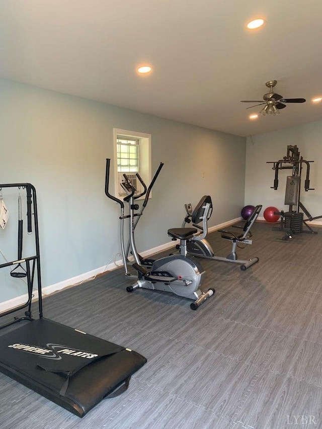 450 Holyfield Ln, Moneta, VA 24121 - workout room featuring ceiling fan, wood finished floors, and recessed lighting