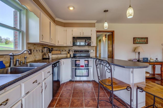 450 Holyfield Ln, Moneta, VA 24121 - kitchen featuring black appliances, a peninsula, dark countertops, decorative backsplash, and white cabinets