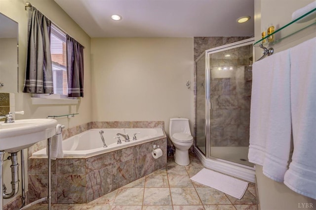 450 Holyfield Ln, Moneta, VA 24121 - full bathroom featuring a bath, a stall shower, marble finish floors, and recessed lighting