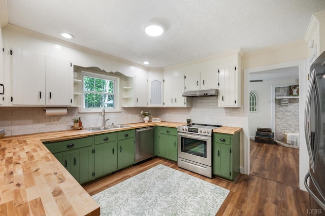 134 Woodmont Ln, Forest, VA 24551 - kitchen featuring butcher block counters, stainless steel appliances, green cabinets, a sink, and under cabinet range hood