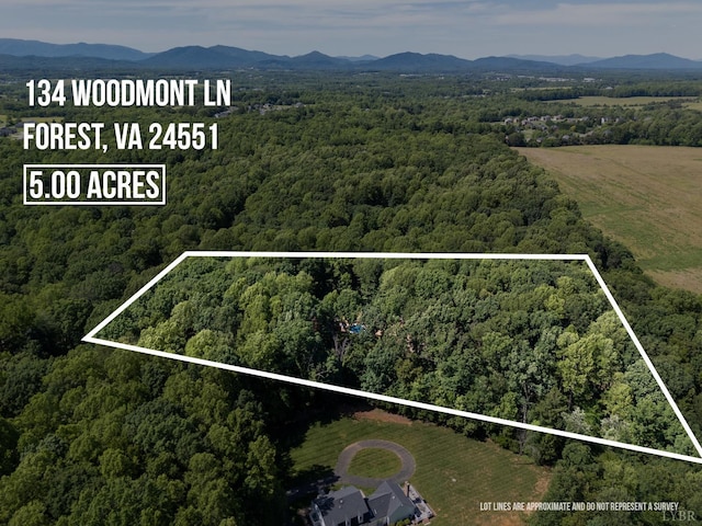 134 Woodmont Ln, Forest, VA 24551 - aerial view of property's location featuring a heavily wooded area, property parcel outlined, and a mountainous background