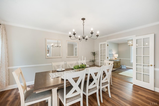 134 Woodmont Ln, Forest, VA 24551 - dining space featuring a chandelier, wood finished floors, crown molding, baseboards, and french doors