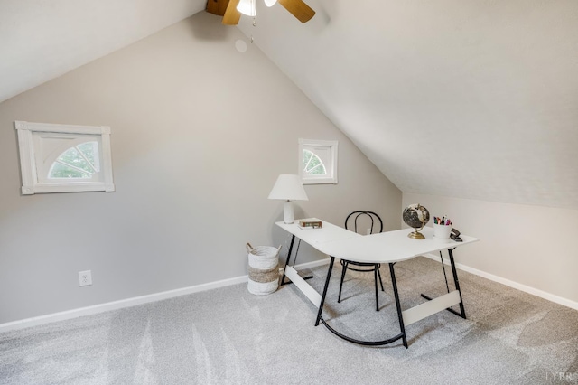 134 Woodmont Ln, Forest, VA 24551 - carpeted home office with vaulted ceiling, a ceiling fan, plenty of natural light, and baseboards